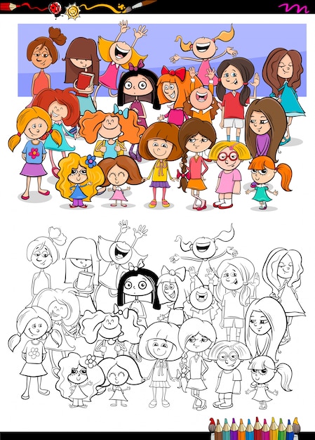 Grupo de personajes de chicas para colorear
