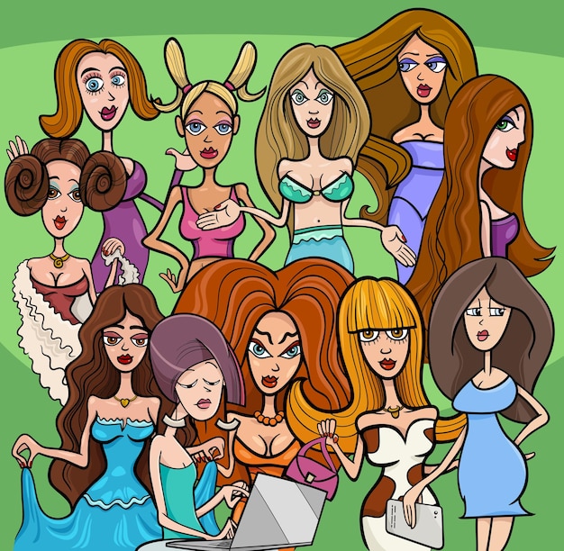 Grupo de personajes cómicos de niñas o mujeres de dibujos animados
