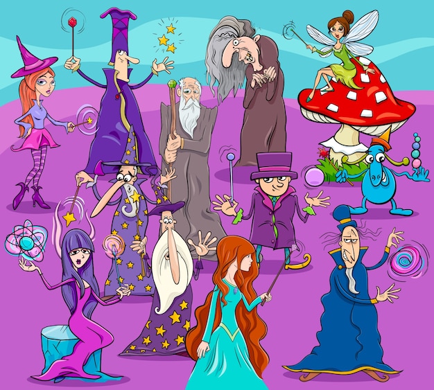 grupo de personajes de dibujos animados de brujas y magos