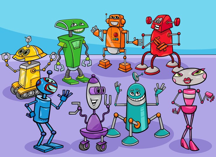 Vector grupo de personajes de dibujos animados de robots y droides de colores