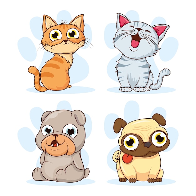 Grupo de personajes de mascotas perros y gatos.