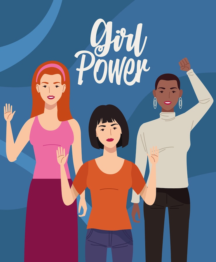 Vector grupo de personajes de mujeres hermosas con ilustración de letras de poder femenino