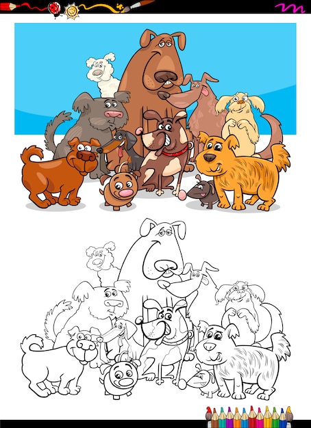 Grupo de personajes de perro para colorear