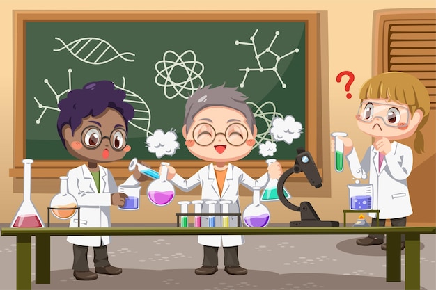 Vector grupo de personajes del personal de laboratorio de ciencia joven en personaje de dibujos animados que trabaja en el laboratorio realizando varios experimentos