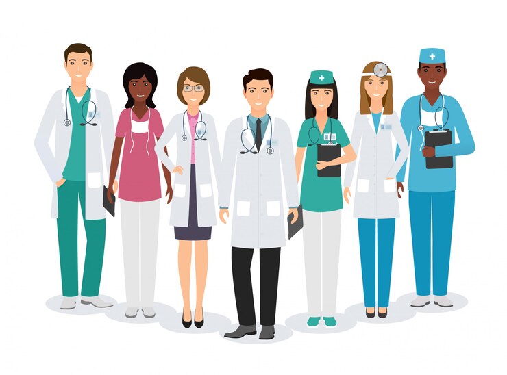Vector grupo de personajes de personas médicas de pie juntos en diferentes poses en blanco