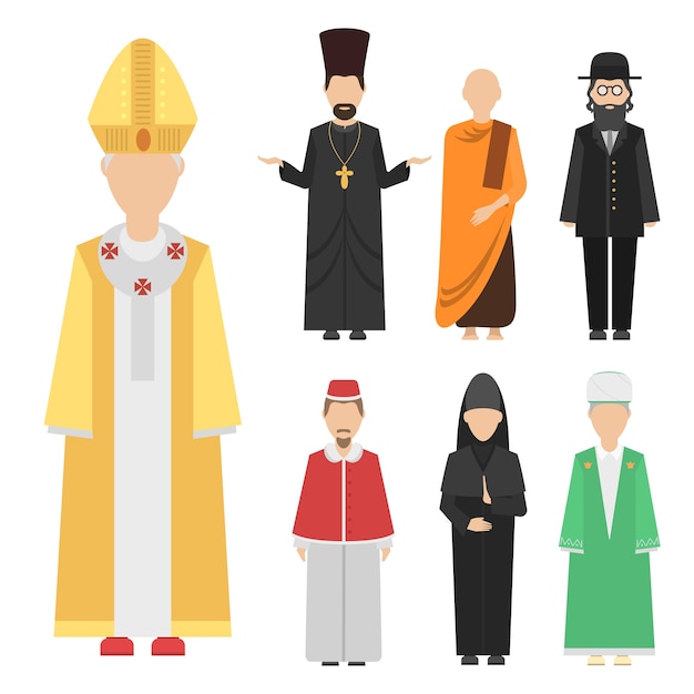 Grupo de personajes de personas de religión de diferentes nacionalidades humanas hombres vestidos con ropas tradicionales.