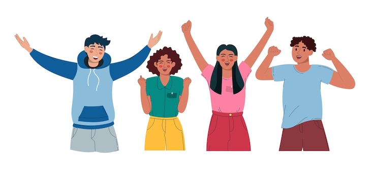 Vector un grupo de personas alegres de diferentes levantan la mano y se regocijan ilustración vectorial plana