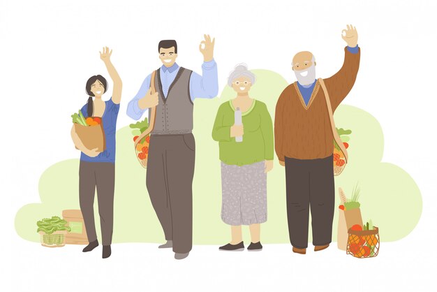 Grupo de personas alegres y felices que sostienen cero productos de desecho en bolsas de mano, productos de cocina y belleza, y que muestran el signo OK. Concepto de estilo de vida cero residuos con diferentes personas de edad
