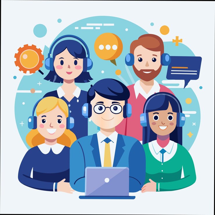 Vector un grupo de personas con auriculares y un hombre con auriculas y una computadora portátil