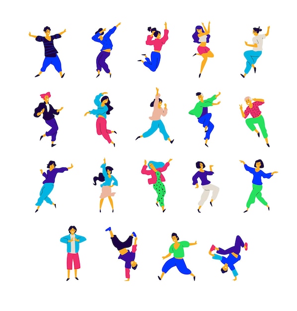 Un grupo de personas bailando en diferentes poses y emociones Ilustraciones de hombres y mujeres