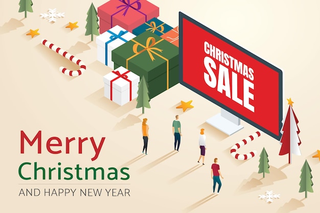 Grupo de personas caminando a compras en línea en caja de regalo de fondos de computadora y decoración