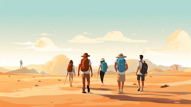 Vector un grupo de personas caminando en el desierto