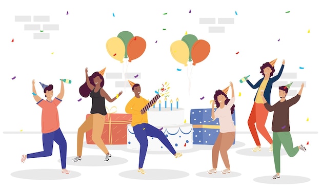 Grupo de personas celebrando un cumpleaños con regalos y globos, diseño de ilustraciones de helio