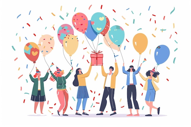 Grupo de personas celebrando su cumpleaños en una ilustración de dibujos animados