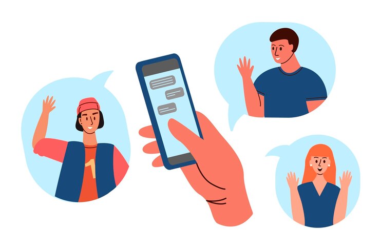 Vector grupo de personas chateando en línea pantalla de celular con amigos hablando por internet