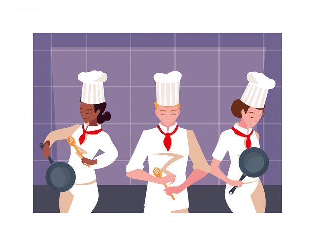 Vector grupo de personas cocinando, conjunto de chef con uniforme blanco