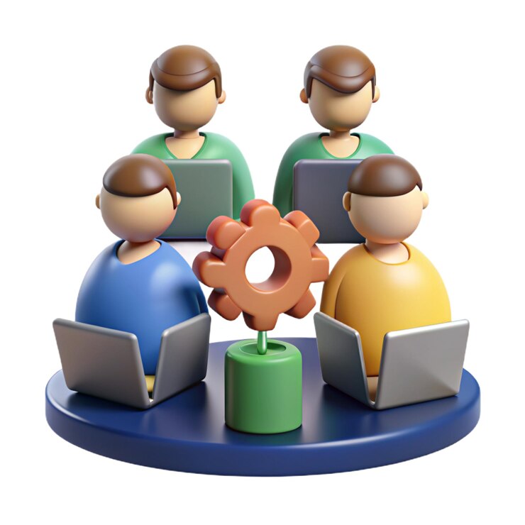 un grupo de personas con computadoras portátiles y un ratón de computadora en la parte superior de ellos