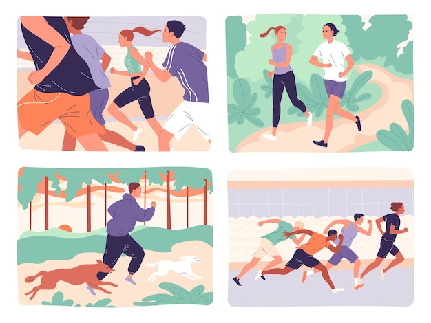 Vector grupo de personas corriendo hombres y mujeres trotando