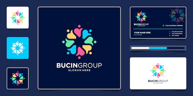 Vector grupo de personas creativas con símbolo de corazón y diseño de logotipo colorido y tarjeta de visita