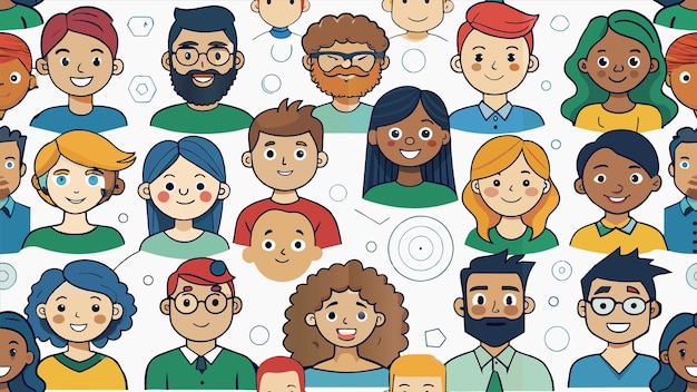 un grupo de personas con diferentes caras y un círculo con un círculo en el medio