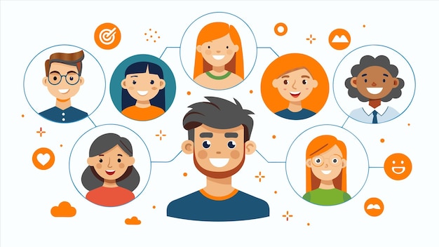 un grupo de personas con diferentes caras y un hombre con un fondo azul