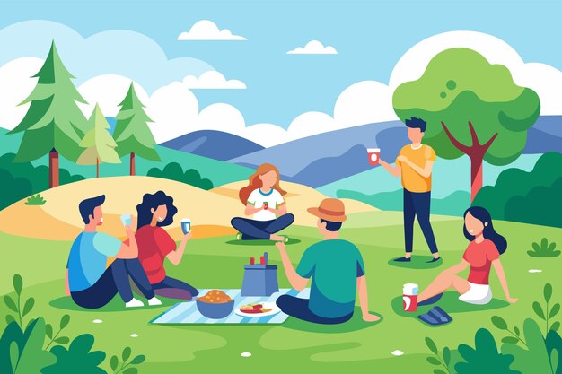 Un grupo de personas disfrutando de un picnic en un prado lleno de modelos de logotipos