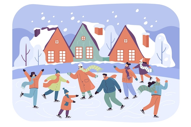 Grupo de personas disfrutando de las vacaciones de Navidad en la pista de hielo. Ilustración plana. Personajes adultos y niños patinando al aire libre, divirtiéndose.