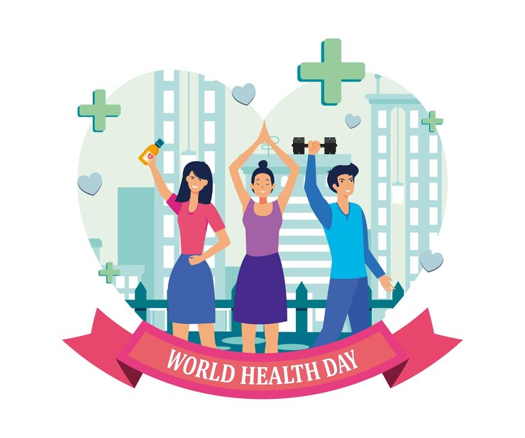 Vector un grupo de personas diversas de todo el mundo que llevan un estilo de vida activo y saludable en el día mundial de la salud. ilustración moderna de vector plano
