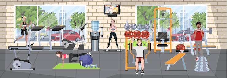 Vector grupo de personas entrenando en el gimnasio.