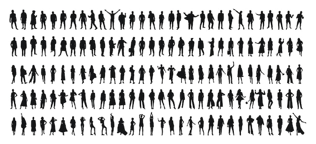 Grupo de personas esperando en línea silueta vectorial aislada en fondo blanco