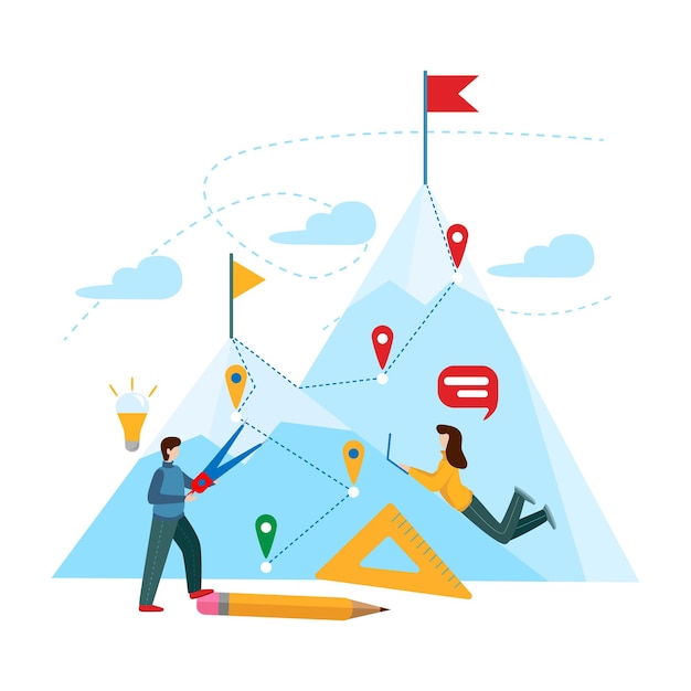 Un grupo de personas está trabajando en la implementación del plan. Concepto de trabajo en equipo, planificar, resolver problemas de empresa. Ilustración de concepto de negocio de vector. Diseño minimalista plano.