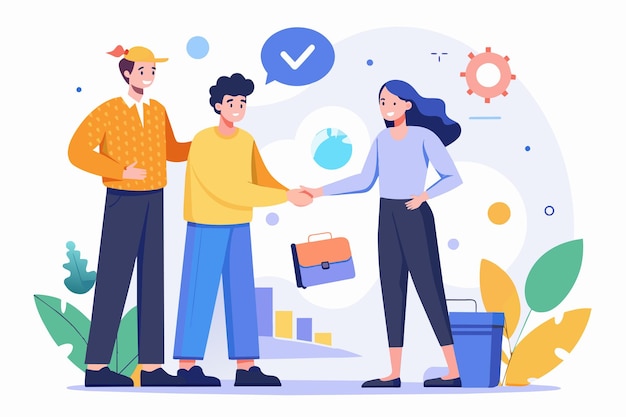 Un grupo de personas estrechando la mano sobre un contenedor de basura comunal en un entorno público Dos personas estrechando la mano con un analista de datos Ilustración vectorial plana simple y minimalista