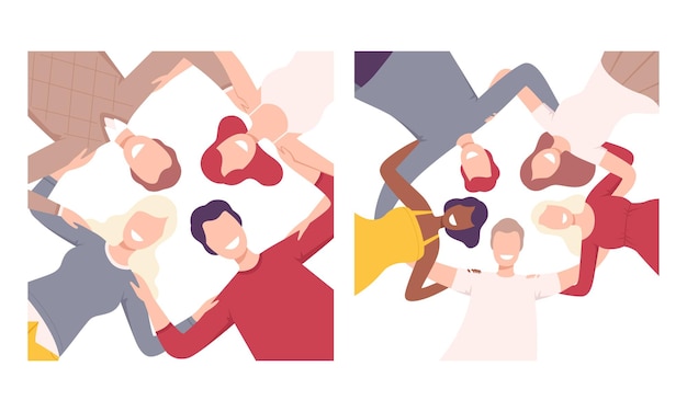 Grupo de personas felices Caracteres de pie juntos formando círculo Conjunto vectorial