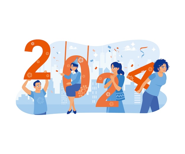 Un grupo de personas felices celebran juntas una fiesta de Año Nuevo con el número 2024