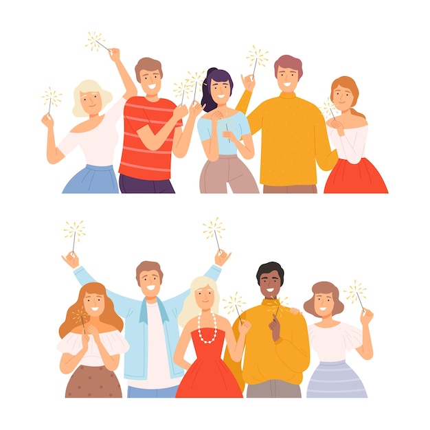 Grupo de personas felices Personaje que sostiene fuegos artificiales en llamas Conjunto vectorial de chispas