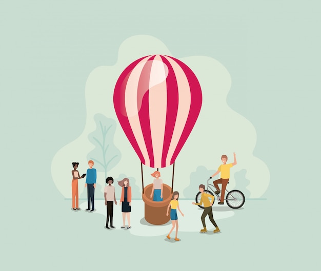 Grupo de personas con globo de aire caliente volando.