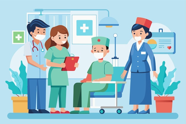 Un grupo de personas, incluida una enfermera paciente y personal médico reunidos en una habitación de hospital con enfermeras, pacientes y personal médico en el hospital Ilustración vectorial plana simple y minimalista