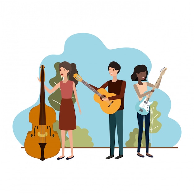 Vector grupo de personas con instrumentos musicales en el paisaje.