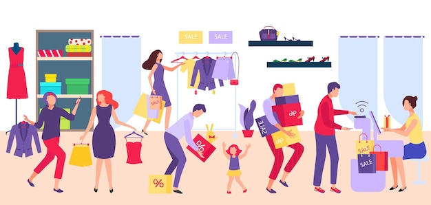 Grupo de personas juntas tienda de ropa de compras mujer y hombre sostienen la cola de registro de la tienda de ropa