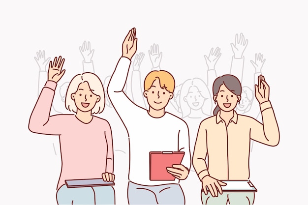 Grupo de personas levantan la mano sentados en la sala de conferencias y participando en capacitación empresarial del conocido gurú Hombres y mujeres levantan la mano con una sonrisa para votar por una decisión conjunta