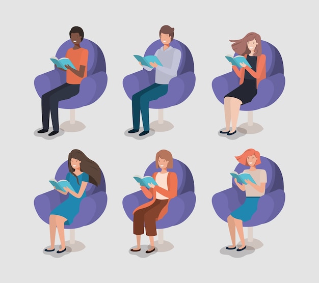 Grupo de personas leyendo libro en el sofá