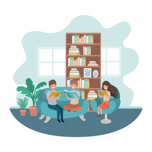 Grupo de personas con libro en sala avatar personaje