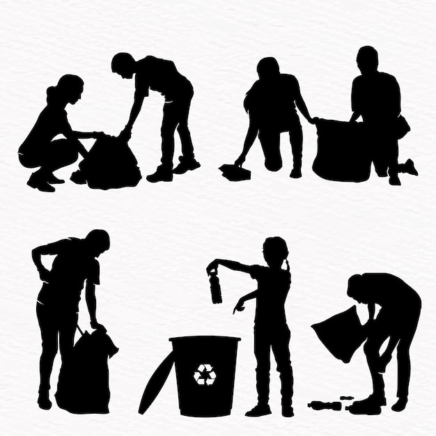 Vector un grupo de personas limpiando basura y contenedores de reciclaje.