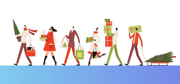 Grupo de personas llevan compras, regalos y abetos de Año Nuevo. compras de Navidad