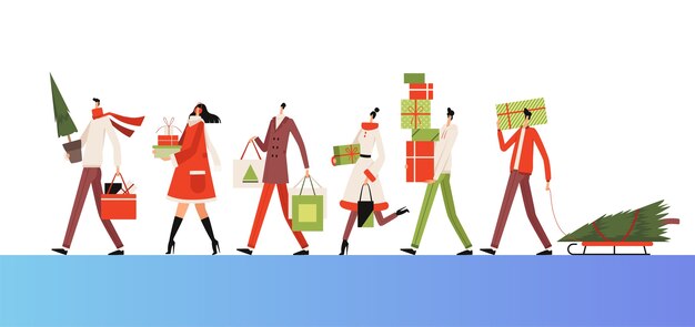 Grupo de personas llevan compras, regalos y abetos de año nuevo. compras de navidad