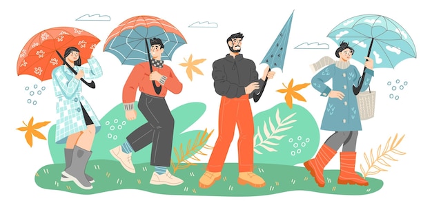 Grupo de personas bajo la lluvia con sombrillas ilustración de vector de dibujos animados plana aislado