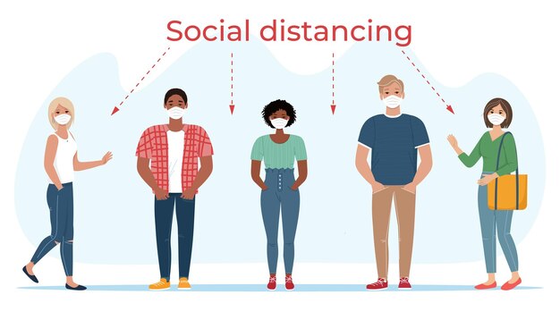 Vector grupo de personas en máscaras concepto de distanciamiento social