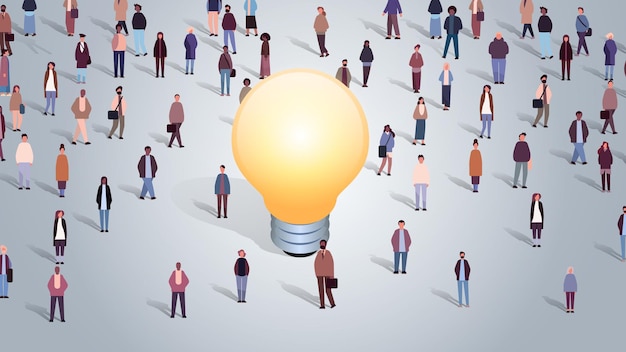 grupo de personas multiétnicas con lámpara de luz idea creativa nuevo proyecto empresarial concepto de imaginación ilustración vectorial horizontal