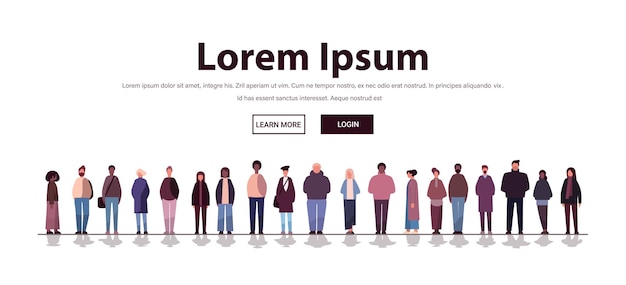 grupo de personas multiétnicas mezclar raza hombres mujeres multitud en ropa casual de pie juntos sobre fondo blanco diversidad multiculturalismo concepto horizontal longitud completa copia espacio vector ilustración