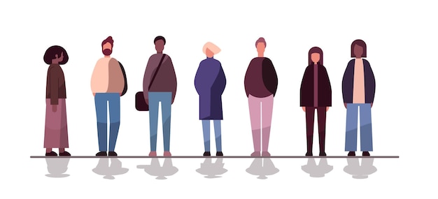 Grupo de personas multiétnicas mezclar raza hombres mujeres multitud en ropa casual de pie juntos sobre fondo blanco diversidad multiculturalismo concepto horizontal longitud completa vector ilustración